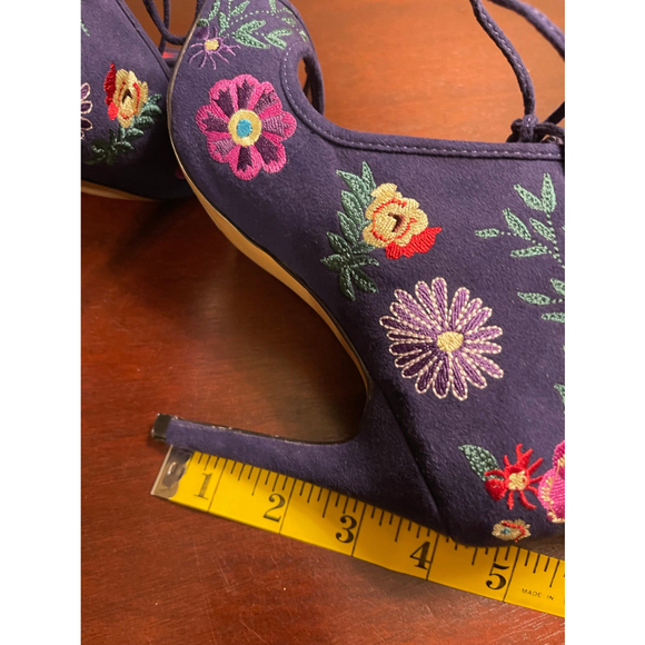 Betsey Johnson Caira Embroidered Floral Navy Blue Peep-Toe Booties-High Heels - Picture 3 of 4